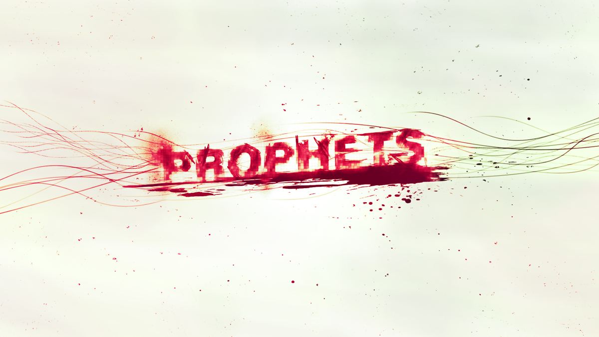 Artwork: the word PROPHETS in red paint splatter on off-white